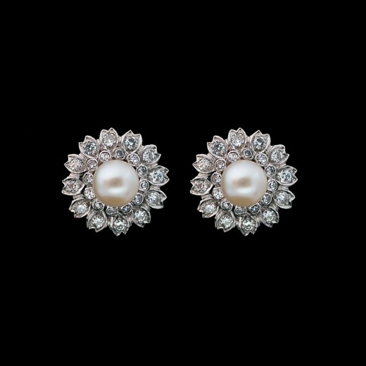 Boucles d'oreilles fleurs diamants et perles